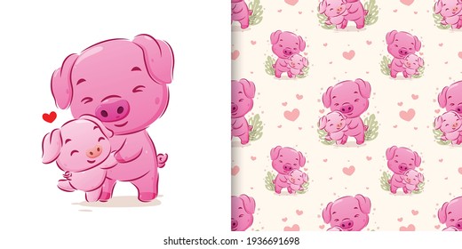 The illustration hand drawn of the pig dancing with her baby in seamless pattern set