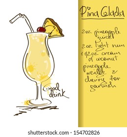 Illustration with hand drawn Pina Colada cocktail