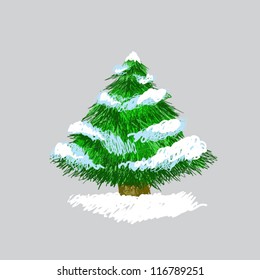 Illustration of hand drawn pine tree with snow, original sketch
