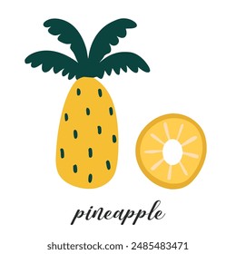 Ilustración de piña dibujada a mano aislada sobre fondo blanco. Fruta tropical de verano.