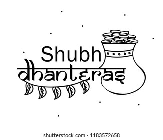 Illustration Of Hand Drawn Pot Filled With Gold Coins On Shubh Dhanteras Festival Background Design.