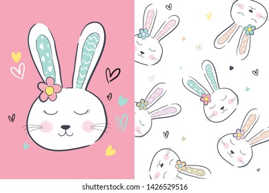 illustration of a hand drawn rabbit head with an editable pattern. illustrations can be used for cards, baby invitations, bags, backgrounds, wallpapers, shirts, fabrics and for digital and print media