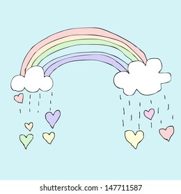 Illustration of hand drawn rainbow with falling heart