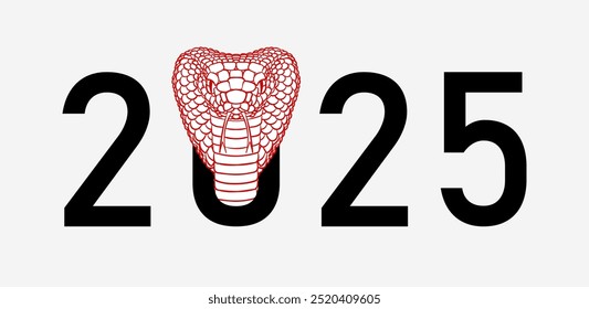 Illustration of hand drawn red King Cobra snake head and text 2025, symbolizing the Chinese zodiac's Year of the Snake. Banner with reptile and number in Asian style for Christmas holidays