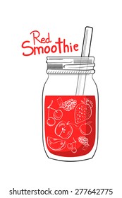 Illustration of hand drawn red smoothie jar isolated on white background