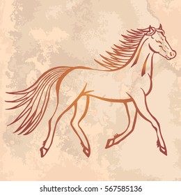 Illustration with hand drawn running wild horse on vintage paper. Tattoo design element. Heraldry and logo concept art.