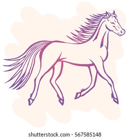 Illustration with hand drawn running wild horse on light pink background. Tattoo design element. Heraldry and logo concept art.