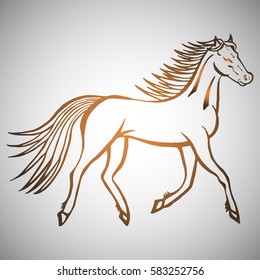 Illustration with hand drawn running wild horse. Tattoo design element. Heraldry and logo concept art. Drawing for coloring  book.