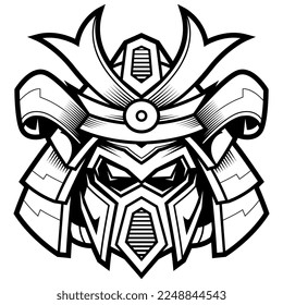 Illustration of hand drawn of Samurai robot head line art