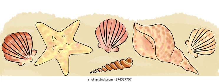 Illustration with hand drawn sand and shells border
