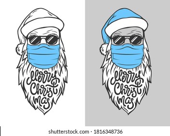 Illustration with hand drawn Santa in mask with lettering MERRY CHRISTMAS on isolated white and gray background. Vector template for card, banner, poster, ad, web design, sign door to New Year.