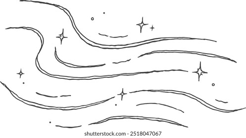 Ilustração de uma mão desenhou ondas do mar. Ondulação de água, respingo, praia. Rabiscar áspero, textura de tinta, preto e branco. 