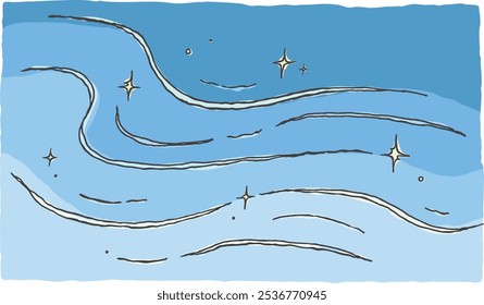 Ilustração de uma mão desenhou ondas do mar com a cor. Ondulação de água, respingo, praia. Rabiscar áspero, textura de caneta de tinta.