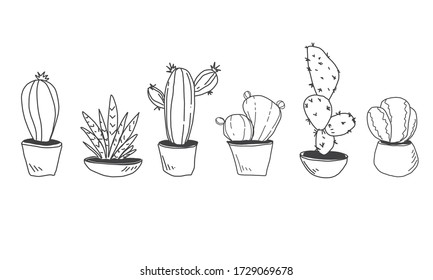 Illustration hand drawn Set Cactus in pot outline eps10.