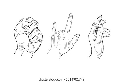 Illustration Hand drawn Set Human hand Actionsketch ink style on white background.