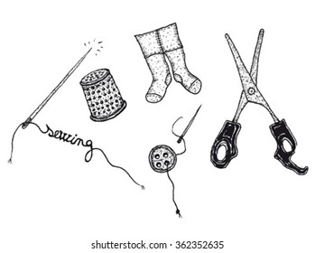 Illustration of a hand drawn sewing kit set