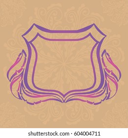 Illustration with hand drawn shield with feathers on brown background with mandalas.Tattoo design element. Heraldry and logo concept art.