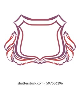 Illustration with hand drawn shield with feathers.Tattoo design element. Heraldry and logo concept art.
