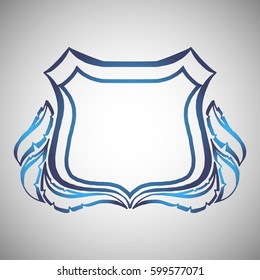 Illustration with hand drawn shield with feathers.Tattoo design element. Heraldry and logo concept art.