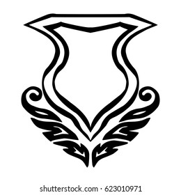 Illustration with hand drawn shield.Tattoo design element. Heraldry and logo concept art.