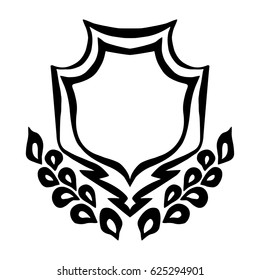 Illustration with hand drawn shield.Tattoo design element. Heraldry and logo concept art.