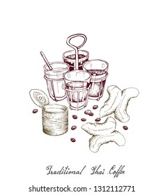 Illustration Hand Drawn Sketch of Ancient Chinese Coffee and Tea with Thai Traditional Snacks Deep Fried Doughstick. A Popular Drink in Asia.