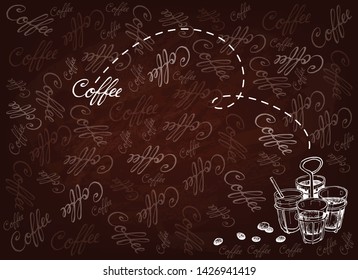 Illustration Hand Drawn Sketch of Ancient Chinese Coffee and Tea on Brown Background, A Popular Drink in Asia.