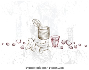 Illustration Hand Drawn Sketch of Ancient Chinese Coffee and Tea with Thai Traditional Snacks Deep Fried Doughstick. A Popular Drink in Asia.