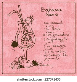 Illustration with hand drawn sketch Bahama Mama cocktail. Including recipe and ingredients on the grunge vintage background