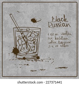 Illustration with hand drawn sketch Black Russian cocktail. Including recipe and ingredients on the grunge vintage background