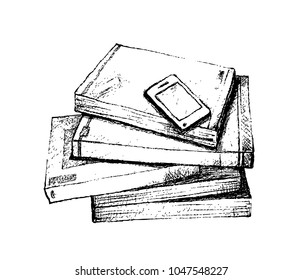 Illustration of Hand Drawn Sketch of Cellular Phone or Mobile Smart Phone on Pile of Spiral Notebook and Books Isolated on White Background