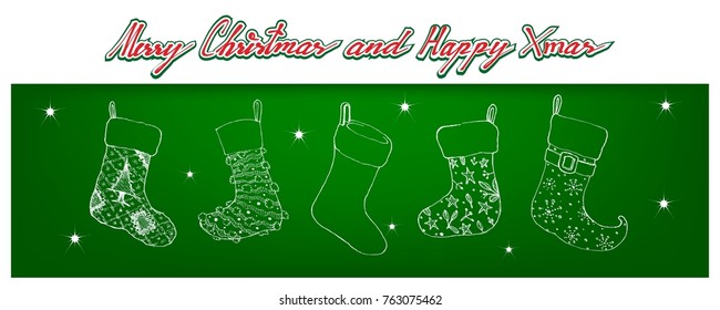 Illustration Hand Drawn Sketch of Checked Christmas Stockings Hanging on The Air Waiting for Santa Claus is Coming on Christmas Night.