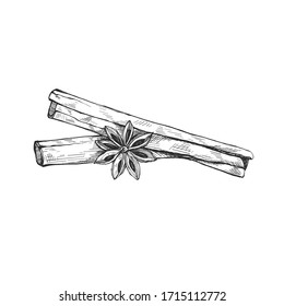 illustration hand drawn sketch 
cinnamon sticks and anise ink style monochrome outline, for artwork, logo, packaging vector eps10.