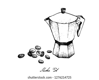 Illustration Hand Drawn Sketch of Coffee Beans with Moka Pot, A Coffee Maker or Italian Traditional Coffeemaker.