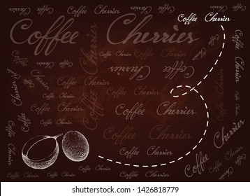 Illustration Hand Drawn Sketch of Coffee Berries with Coffee Beans on Brown Background.