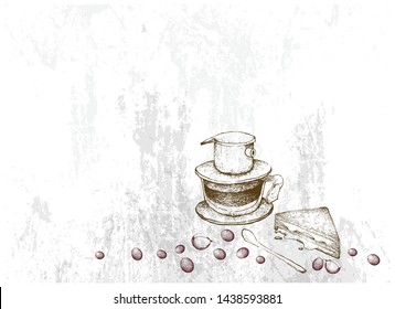 Illustration Hand Drawn Sketch of Coffee Beans with Vietnam Coffee Dripper with Grilled Cheese Sandwich. A Vietnamese Traditional Coffeemaker.