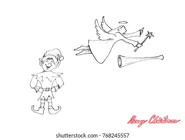 Illustration Hand Drawn Sketch of Cute Angel with Trumpet and Elf for Decorative on Christmas Tree.