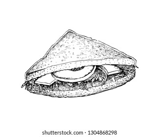 Illustration Hand Drawn Sketch of Delicious Homemade Freshly Club Sandwiches or Clubhouse Sandwiches Isolated on White Background.