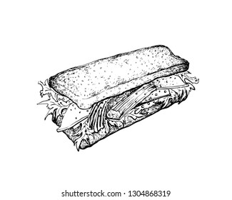 Illustration Hand Drawn Sketch of Delicious Homemade Freshly Crab Stick Salad Sandwich Made of Toasted Bread, Crab Stick and Lettuce with Mayonnaise or Tartare Sauce Isolated on White Background.