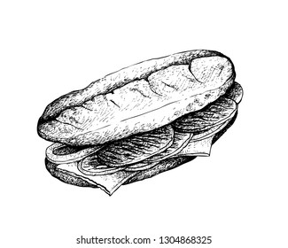 Illustration Hand Drawn Sketch Of Delicious Homemade Freshly Philly Cheesesteak Sandwich Made Of Thinly Sliced Beef And Melted Cheese Isolated On White Background.