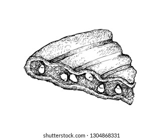 Illustration Hand Drawn Sketch of Delicious Homemade Grilled Rajma Corn Sandwich Made of Grilled Bread with Sweet Corn and Rajma Pulao Rice Isolated on White Background.
