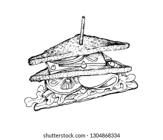 Illustration Hand Drawn Sketch of Delicious Homemade Freshly Grilled Club Sandwiches or Clubhouse Sandwiches Isolated on White Background.