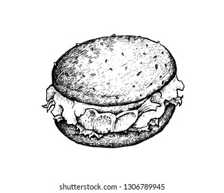 Illustration Hand Drawn Sketch of Delicious Prawn Burger or Burger Shrimp with Lettuce and Cheese on Wheat Buns.