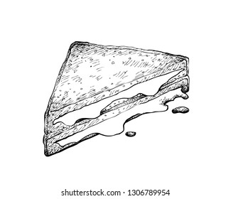 Illustration Hand Drawn Sketch Of Delicious Homemade Freshly Grilled Cheese Sandwich Isolated On White Background.