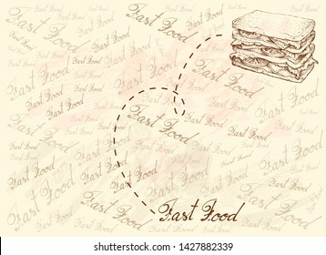 Illustration Hand Drawn Sketch of Delicious Homemade Freshly Sandwich with Bacon, Tomatoes, Lettuce and Cheese on Brown Background.