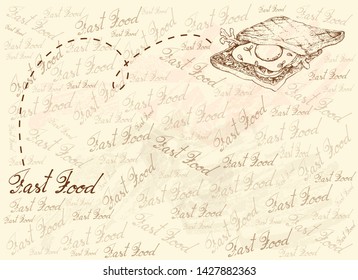 Illustration Hand Drawn Sketch of Delicious Homemade Freshly Toasted Sandwich with Fried Egg, Tometoes, Onion and Lettuce on Brown Background.