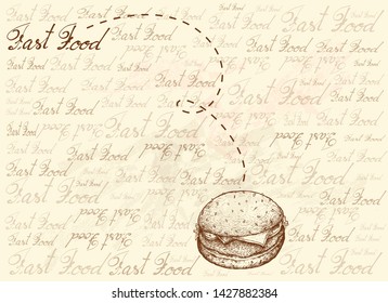 Illustration Hand Drawn Sketch of Delicious Pork Burger with Lettuce, Tomato, Onions and Cheese on Wheat Buns on Brown Background.
