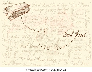 Illustration Hand Drawn Sketch of Delicious Homemade Freshly Crab Stick Salad Sandwich Made of Toasted Bread, Crab Stick and Lettuce with Mayonnaise or Tartare Sauce on Brown Background.
