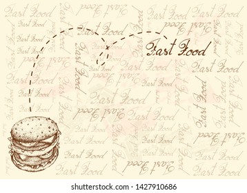 Illustration Hand Drawn Sketch of Delicious Beef Burger with Lettuce, Tomato, Onions and Cheese on Wheat Buns on Brown Background.