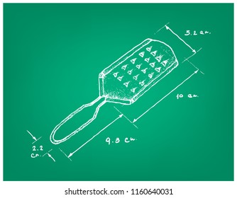 Illustration Hand Drawn Sketch Dimension of Fruit and Vegetable Knife Slicer or Grated Utensil Used in Food Preparation.